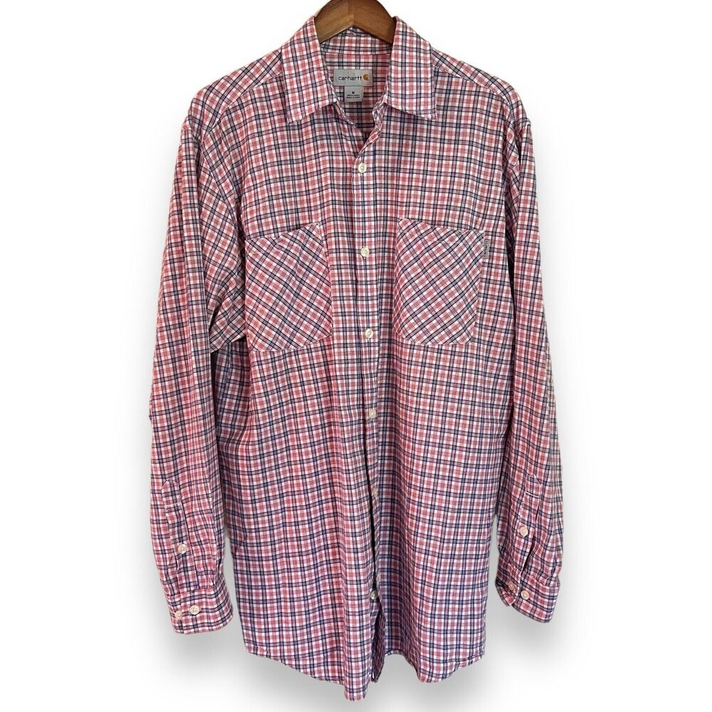 Carhartt Shirt Men’s Size M Long Sleeve Button Up Red White Blue Plaid Cotton